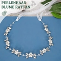Elegant bridal pearl and crystal hair vine accessory with white ribbons on blue background - Silver With Ribbon