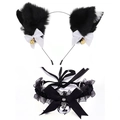 Cat ear headband and lace choker set with bells for cosplay costume in black and white - Black/White Cat Ears + Black Lace Choker