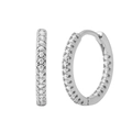 Macro view of 12mm silver hoop earrings featuring micro-pave white zircon stones - Silver Plated + White Zircon
