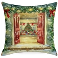 Green Christmas linen pillowcase with watercolor red door and holiday tree print - YMD15-23 (Red Door Winter)