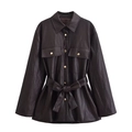 Veste longue en simili cuir marron foncé pour femme avec ceinture et boutons dorés - XS / Châtain