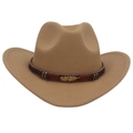 Detail of western cowboy hat featuring ethnic belt and golden metal feather pendant - M (56-58cm) / Camel Cowboy (Gold Feather)