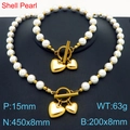 Set collana e bracciale di perle con ciondoli a cuore dorato e chiusura a barra - Set di gioielli con ciondolo a cuore dorato (KS221264-Z) / Oro
