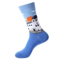 Blue mid-calf cotton socks with Santorini blue dome architecture and sunset pattern - 1195-Santorini