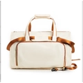 Detalle de bolsa de viaje plegable beige con asas marrones y cremallera dorada - Blanco Roto