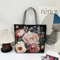 Ethnic 3D floral embroidery canvas tote bag with black and white striped straps - Rose