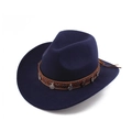 Detail of navy blue felt fedora with ethnic woven band and silver metal pendants - Ring Decor Style / Navy Blue