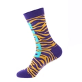 Purple crew socks with orange tiger stripes and DOP lettering on white background - 894 Tiger Print