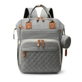 Grey diaper backpack with quilted front pocket and matching round coin purse accessory - Light Gray