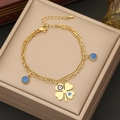 Double-layered gold stainless steel necklace with clover and evil eye charms on velvet box - 2# Bracelet