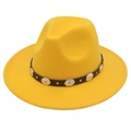 Detail of yellow wool felt fedora featuring dark brown leather strap with silver studs - M (56-58cm) / Yellow