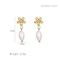 Gold stainless steel flower earrings with teardrop pearl and zircon accents, 25mm - Gold (LE3413)