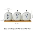 Japanese ceramic spice jar set with 3 blue striped pots on a wooden base tray - Willow Catkins Set (3 Jars + 3 Spoons + Tray)