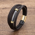 Bracelet multicouche en cuir tressé avec cylindre en métal noir et accents dorés - Noir & Or