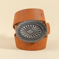 Brown leather vintage belt for women featuring a carved metallic oval buckle and retro style - Style 19693 / Small (101cm) / Antique Silver Camel
