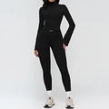 Slim fit black yoga set featuring high neck zip-up jacket and high waist leggings - S / Top And Bottom / Jacket + Pants / Premium Black