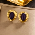 Vintage 18K gold plated heart earrings with purple resin gemstone in a retro style - Gold/Purple
