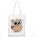 White canvas tote bag featuring a cute cartoon owl print and pink bow decoration - Style C16 / No Zipper No Inner Pocket