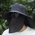 Dark grey men's outdoor sun hat with wide brim, face shield, and neck protection flap - Half Brim / Black