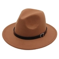 Detail of brown wool fedora hat featuring black leather band and silver metal buckle - M (56-58cm) / Khaki (Black Leather Band)