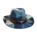 Patchwork denim western cowboy hat with brown braided leather band and silver bull head - One Size / Royal Blue (Denim White Bull)