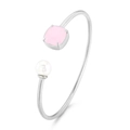 Bracciale rigido in acciaio argento con zircone rosa quadrato e perla bianca fine - Rosa + Argento