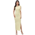 Elegante vestido largo ajustado amarillo pálido con abertura lateral y lazos al hombro - S / Albaricoque