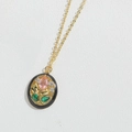 Collana vintage francese fiore zircone con gemma rosa e design a foglia verde - Stile Floreale Ovale / Nero Rosa