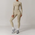 Women's seamless khaki yoga set featuring a long sleeve zip top and high waist leggings - S / Jacket + Pants / Terracotta