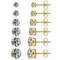 Gold stainless steel six-prong zircon stud earring set with 6 progressive sizes - Gold Set (3mm-8mm) 6 Pairs