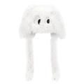 Close-up of white plush cartoon hat with fluffy texture and large black and white eyes - White