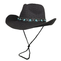 Black wide brim Western straw hat with turquoise beaded band and adjustable chin strap - M (56-58cm) / Black