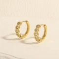 Macro shot of gold hexagon huggie hoop earrings with sparkling cubic zirconia inlay - Honeycomb (ER1498-C)