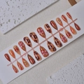 Brown gradient almond press-on nails with 3D floral accents and gold leaf details - Full Box Set / Caramel Elegant Relief Flower Style (WY-078)