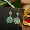 Retro bohemian round mandala flower drop earrings in colorful enamel finish - Cyan Green (E1675-3)