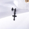 Men's black stainless steel cross earring featuring intricate religious relief design - Black Cross Character Relief Studs