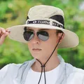 Khaki wide brim sun hat for men with breathable mesh panels and adjustable chin strap - Khaki F-14