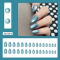 Cat eye almond press on nails in ice blue pearl finish with 24 piece set layout - Glue Type / Glacier Gem (W2069)