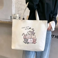 Large cream canvas tote bag with cute stacked cat illustrations and long shoulder strap - White Cute Cat Family