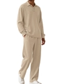 Men's two-piece leisure set in beige waffle knit texture with long sleeves and pants - S / Khaki