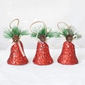 Three-piece red glitter Christmas bell ornaments with pine cones and white bows - Red 3-Piece Set