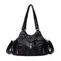 Retro black washed leather tote bag for women with silver rivets and heart buckle detail - Black