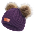 Kids double pom pom knit beanie winter warm cute purple baby hat with faux fur balls - Purple