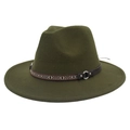 Detail of army green wide brim fedora hat with ethnic woven band and silver metal buckle - M (56-58cm) / Army Green