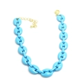 Close-up of bright blue resin oval chain necklace with gold metal lobster clasp detail - Bright Blue