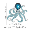 Macro view of blue rhinestone octopus brooch with size specifications and pin detail - Octopus