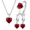 Elegant silver-tone jewelry set with red heart zircon necklace, ring, and earrings - Set / Red Zirconia