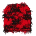 Details der rot-schwarzen Balaclava mit Fransen und distressed Strick-Design für Damen - Schwarz-Rot