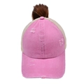 Detail of washed pink ponytail baseball cap showing distressed texture and breathable mesh - One Size / Dusty Pink