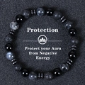 Close-up of triple-layered protection bracelet with tiger eye and obsidian on dark sand - Black Agate Labradorite Lava Stone Style (Protection-3)
